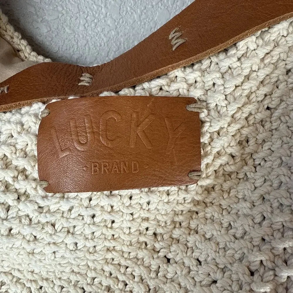 Lucky Brand Ivory Cotton Crochet Leather Trim Boho Hobo Shoulder Bag Purse Tote